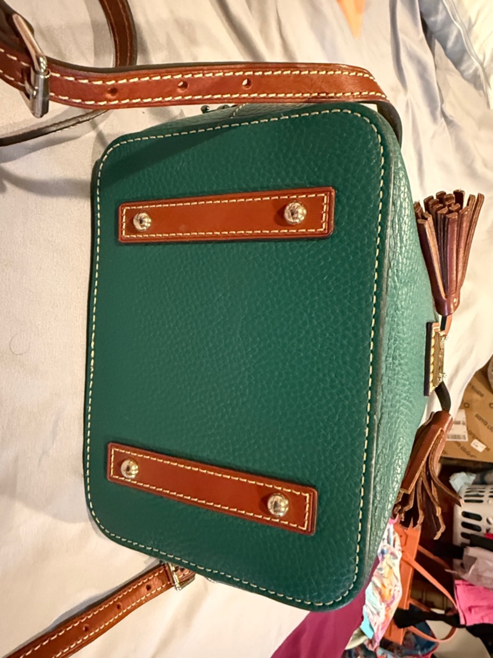 Dooney & Bourke Green Leather Drawstring Tassel Crossbody with Brown Trim - Picture 2 of 4